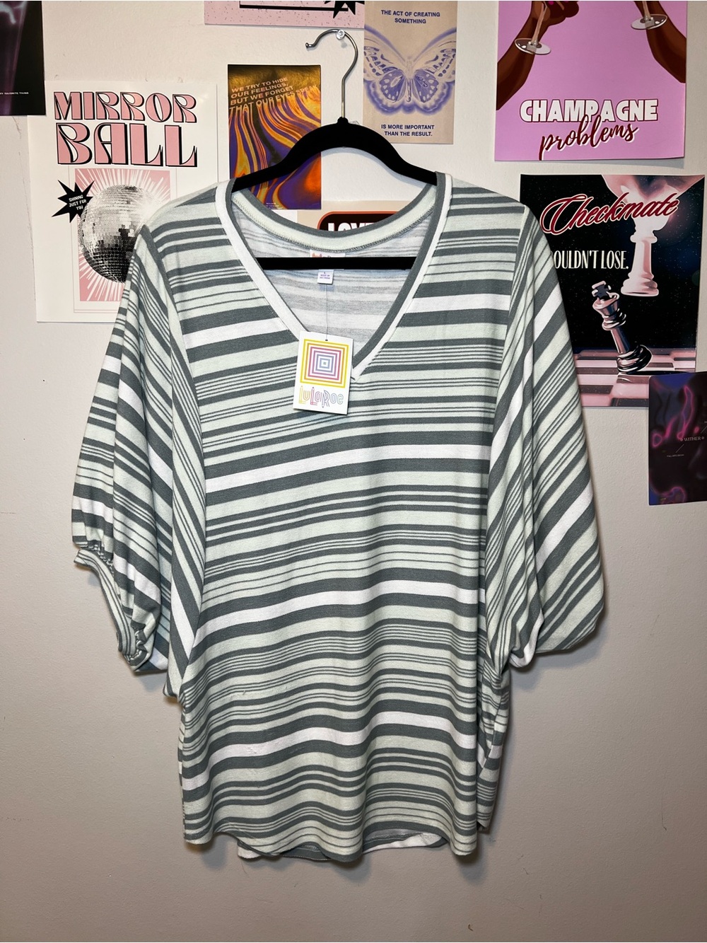 LuLaRoe Renee Balloon Sleeve V-Neck Shirt in Green Stripes